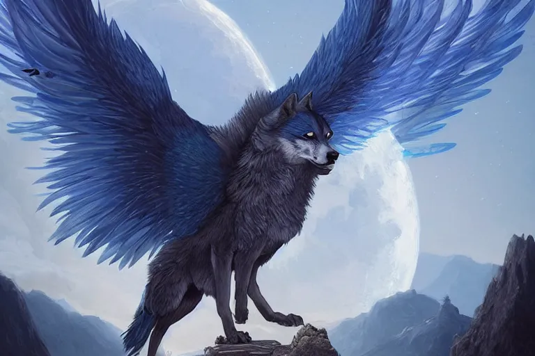 Image similar to Blue feathered wolf with wings on a beautiful fantasy landscape, hills, mountains, moonlit, HD, illustration, epic, D&D, fantasy, intricate, elegant, highly detailed, digital painting, artstation, concept art, smooth, sharp focus, illustration, art by artgerm and greg rutkowski and alphonse mucha