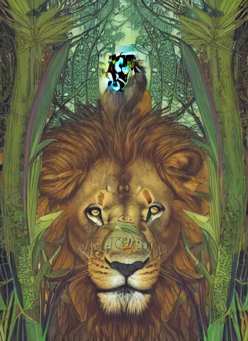Image similar to a lion with intricate bird wings in the middle of a lush forest at night. diffuse neon light, dramatic landscape, fantasy illustration, matte painting by mucha