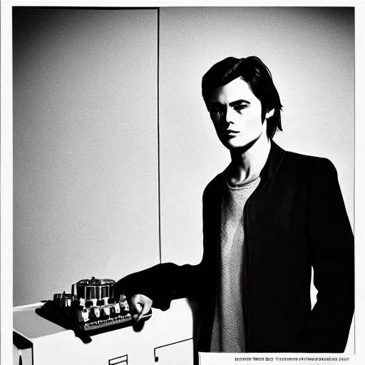 Prompt: stunning symmetrical portrait of alain delon in front of a tall moog synthesizer, high contrast grainy blank and white photography print ilford warm tone, huge modular synthesizer!!!!!!!