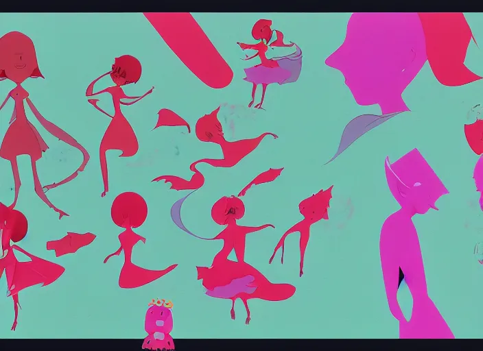 Image similar to character shape design exploration silhouettes of a delicate nubile waifish princess, minimalist mixed media layout from masaaki yuasa ( 1 9 9 7 )