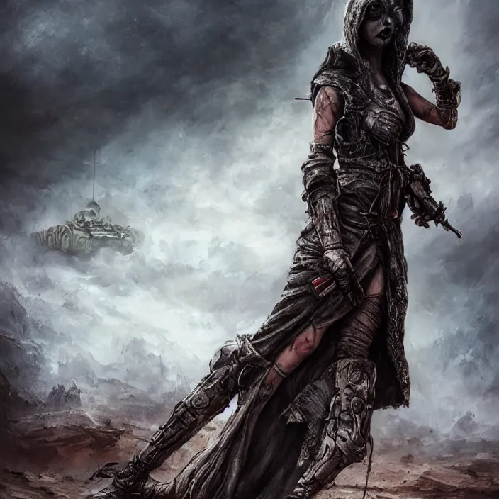 Image similar to beautiful apocalyptic woman in hooded cloak, standing on mad max panzer tank, hyper-detailed, smooth, sharp focus, 4k ultra hd, fantasy dark art, tank girl, artgerm, artstation, octane render, elegant, detailed digital painting, apocalyptic art, Francis bacon, unreal engine