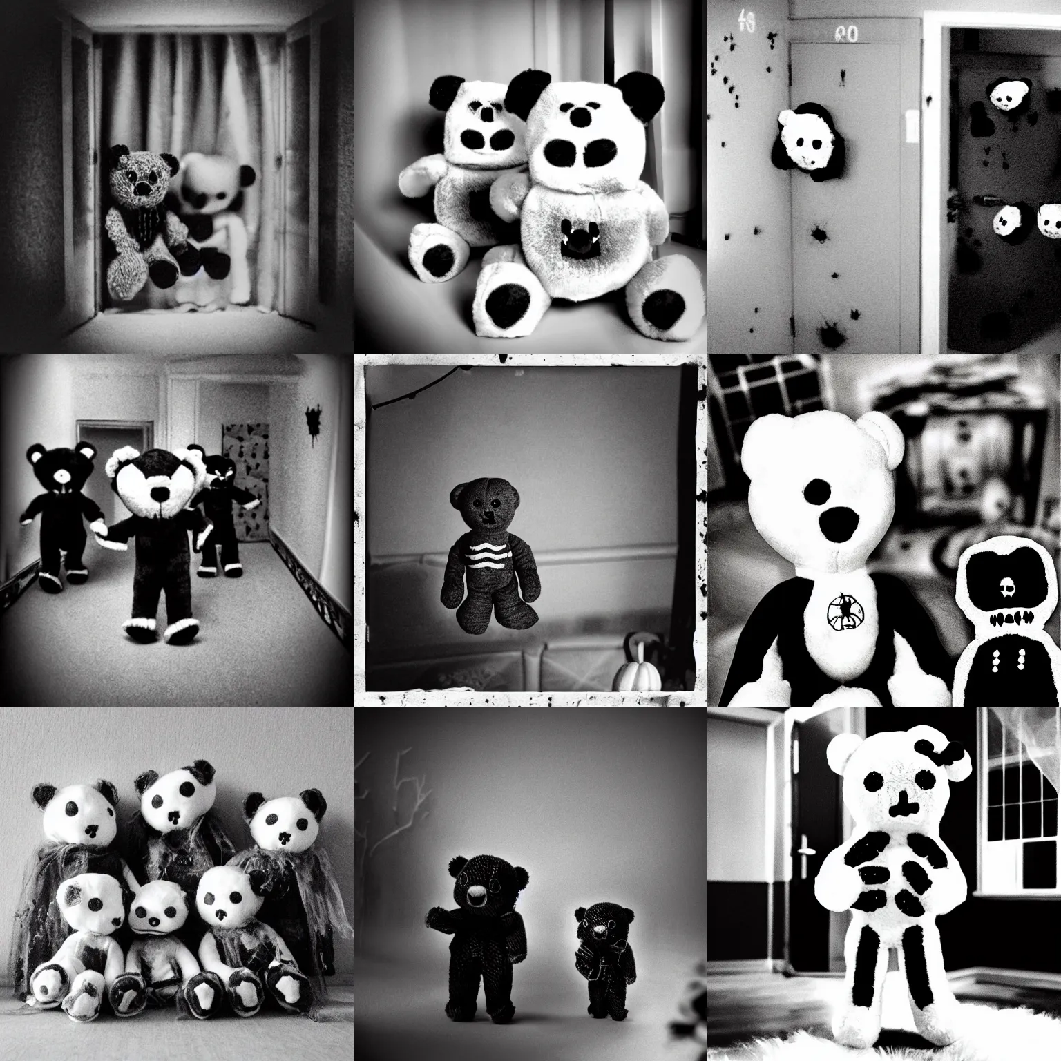 Prompt: found footage spooky horror teddy bears robbing your house b & w grainy creepy backrooms