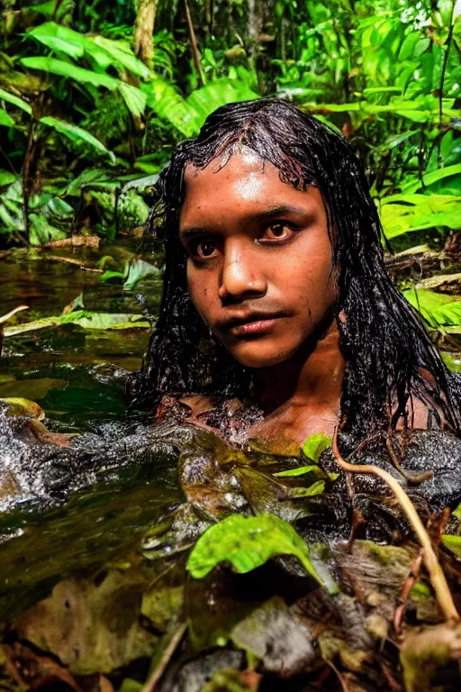 Prompt: predator in sri lankan jungle, submerged in water, black hair, hunter, extremely high fidelity, natural lighting