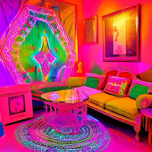 Image similar to a neon bohemian room, highly realistic, photo