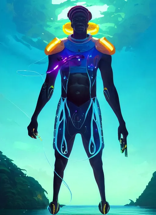 Image similar to portrait of a jamaican fisherman sci - fi glowing fishing armor muscular cyberpunk intricate elegant highly detailed digital painting artstation concept art, ocean background, jamaican colors, cinematic, greg rutkowski, loish, rhads, ferdinand knab, makoto shinkai and lois van baarle, ilya kuvshinov, rossdraws, tom bagshaw