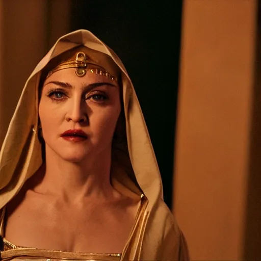 Image similar to stunning awe inspiring madonna as the female jesus christ, movie still 8 k hdr atmospheric lighting