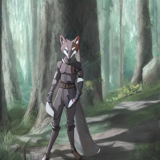 Image similar to concept art painting of an anthropomorphic anime gray fox wearing a tunic, in the deep forest, realistic, detailed, cel shaded, in the style of makoto shinkai and greg rutkowski and james gurney