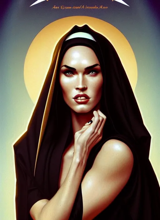 Prompt: portrait of megan fox as a sultry nun, catholic, church, bible, christian, intrigante, headshot, highly detailed, digital painting, artstation, concept art, sharp focus, cinematic lighting, illustration, art by artgerm and greg rutkowski, alphonse mucha, cgsociety