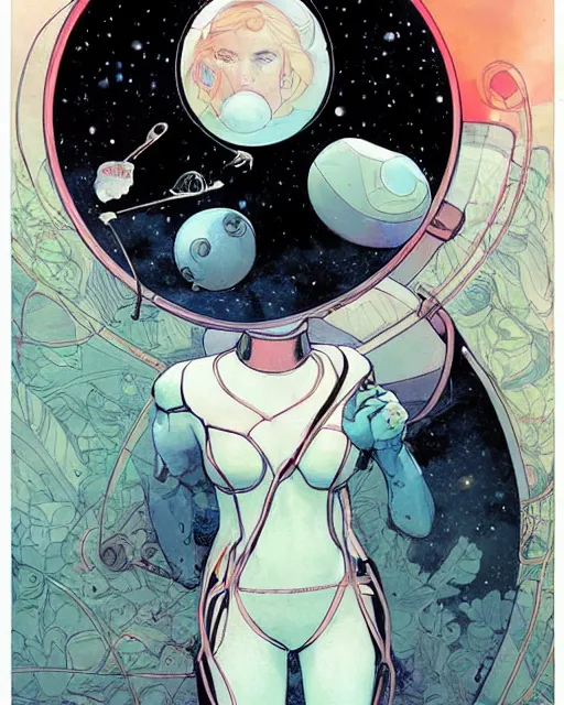 Prompt: a beautiful woman in a future space suit artwork by james jean, Phil noto and rebecca guay