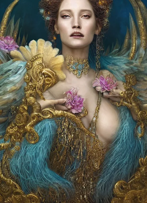 Prompt: real photoshoot goddess of oceans, wearing a feathered cloak and a fancy silk floral dress, ornate, ultra realistic, concept art, intricate details, eerie, highly detailed, photorealistic, octane render, 8 k, unreal engine. art by artgerm and greg rutkowski and charlie bowater and magali villeneuve and gustav klimt