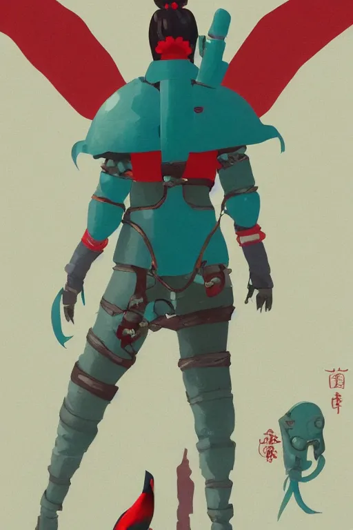 Image similar to female adventurer in tight full - body teal leather armor of japanese design with red accents and a white porcelain crow mask, trending in artstation, japanese, by simon stalenhag, establishing shot