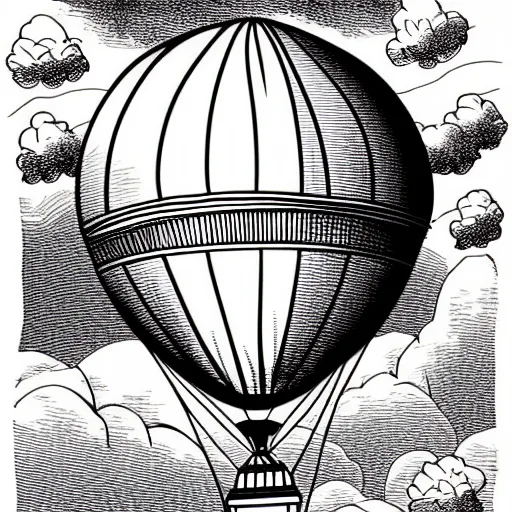 Image similar to portrait of a Victorian hot air balloon over a fantasy landscape, linear illustration, black and white, few details, simple drawing for kids coloring.