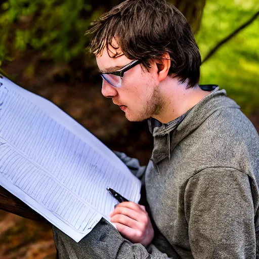 Image similar to Ethan Smith writing his next guide, (EOS 5DS R, ISO100, f/8, 1/125, 84mm, postprocessed, enhanced, facial features)