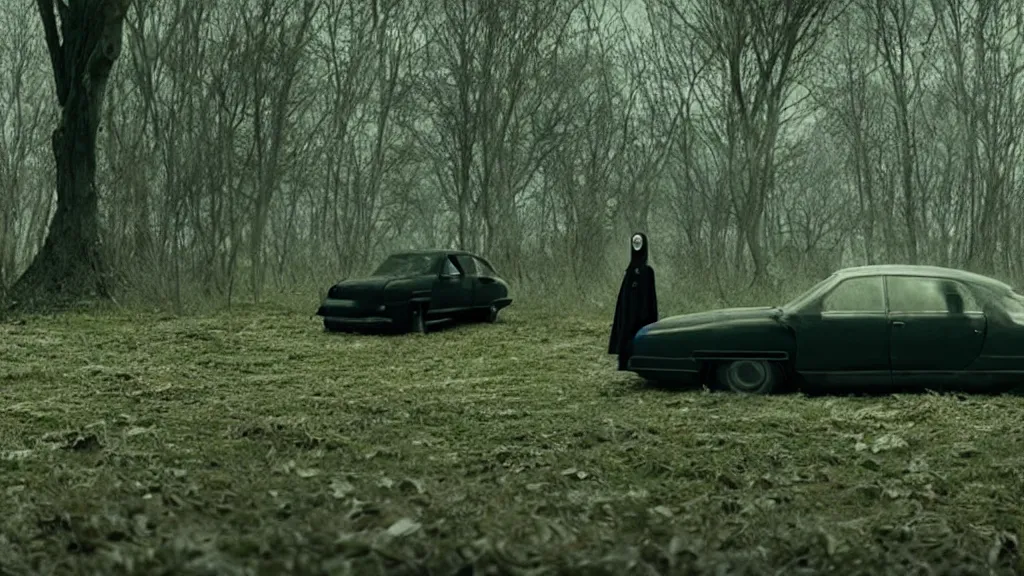 Image similar to the strange creature waits by the car, made of Chlorophyll and blood, film still from the movie directed by Denis Villeneuve with art direction by Salvador Dalí, wide lens