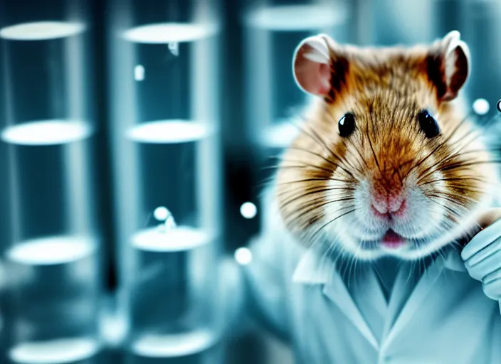 Image similar to film still of a hamster working in a research lab filling test tubes, 8 k