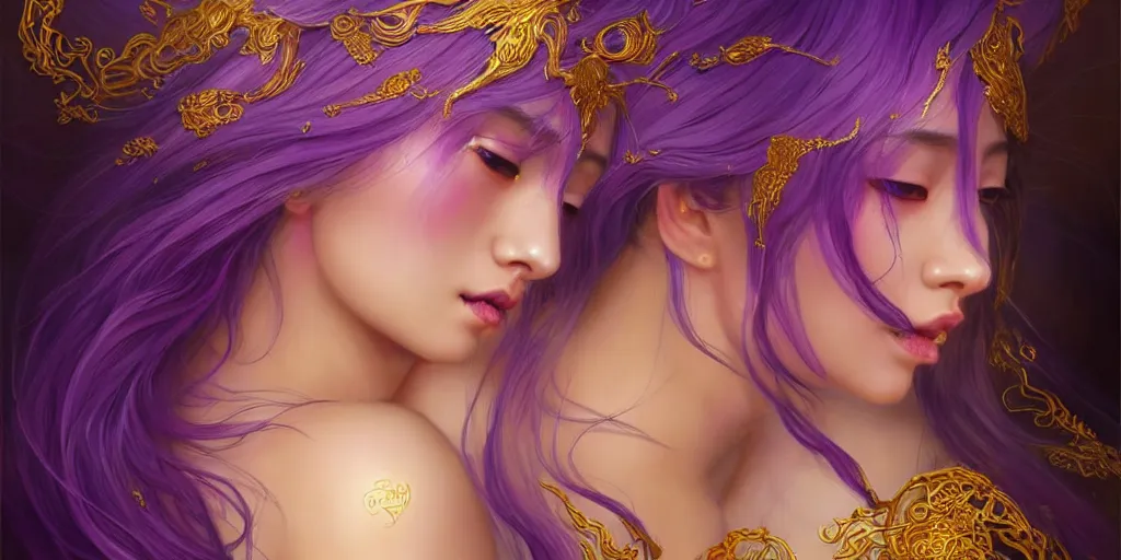 Image similar to asian nymph goddess flowing purple hair twisting in sensual pose with golden tattoes of cursive sigils on her opalescent skin, fantasy, intricate, very beautiful, elegant, golden light, highly detailed, digital painting, artstation, concept art, smooth, sharp focus, unreal engine, art by wlop and tian zi and alphonse mucha