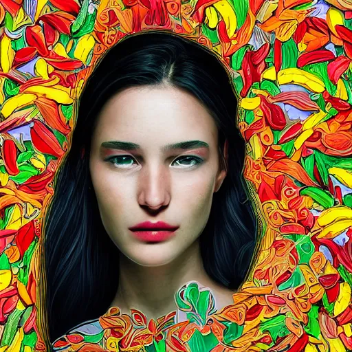 Image similar to the portrait of a beautiful and elegant young woman made up of peppers, an ultrafine detailed illustration by james jean, intricate linework, bright colors, final fantasy, behance contest winner, vanitas, angular, altermodern, unreal engine 5 highly rendered, global illumination, radiant light, detailed and intricate environment