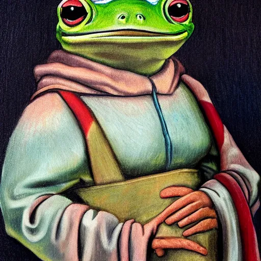 Image similar to a cartoon drawing of a frog wearing cristian clothes, portrait, oil paint, renaissance, 4 k