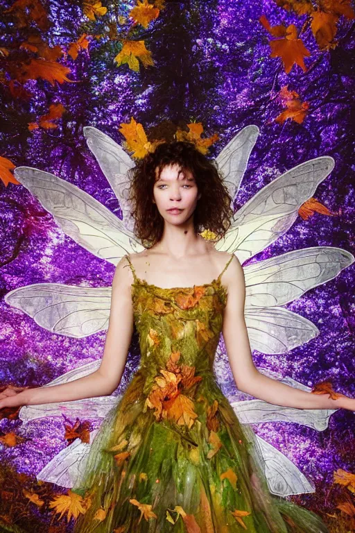 Prompt: masterwork full body photograph of astrid berges frisbey as a fairy. highly detailed sharp focus face. wearing a dress made out of stars. resting on a background of autumn leaves. fluid, dreamy, ethereal, vivid colours. wow! cinematic lighting. trending on artstation. cgsociety. by moebius. megapixels.