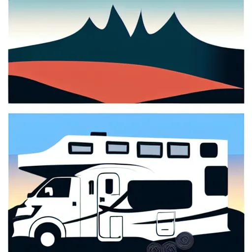 Image similar to very very very stylized minimal vector graphic of a thor chateau motorhome, mountains, highway and sunset!!, white background, dramatic, professional minimal simplified graphic design cartoon, 3 colors!!