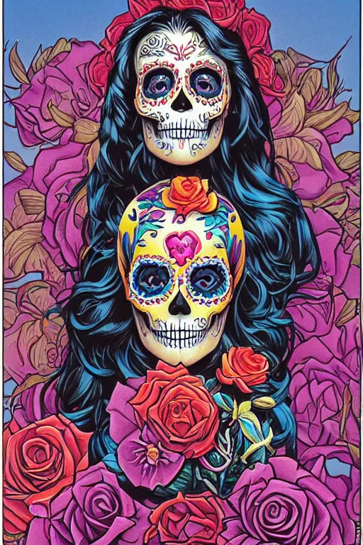 Prompt: Illustration of a sugar skull day of the dead girl, art byGreg Hildebrandt