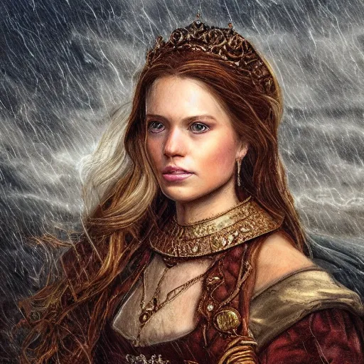 Prompt: portrait of an princess, painting by michael wellen, john stephens, in a medieval city, tone mapping, stormy weather, sleet, trending on artstation