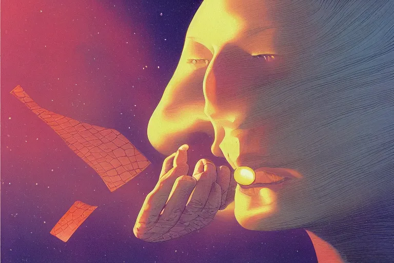 Image similar to a scifi closeup portrait of a young british woman licking a blotter paper of LSD acid on his tongue and dreaming psychedelic hallucinations in cosmos, by kawase hasui, moebius, Edward Hopper and James Gilleard, Zdzislaw Beksinski, Steven Outram colorful flat surreal design, hd, 8k, artstation