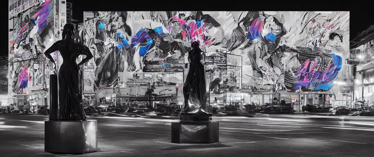 Prompt: night time photo of billboard advertisement of extremely beautiful female black marble statue in the style of virgil abloh, colorful motocross logos behind her, sharp focus, clear, detailed, cinematic, detailed, off white, glamourous, symmetrical, vogue, editorial, fashion, magazine shoot, glossy