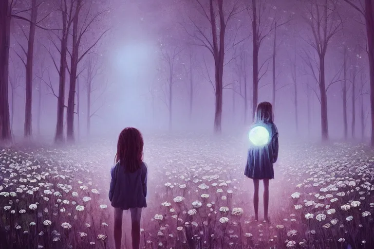 Image similar to giant white daisy flower head, girl walking in dark forest, surreal photography, dark night, stars, moon light, impressionist painting, clouds, digital painting, artstation, simon stalenhag