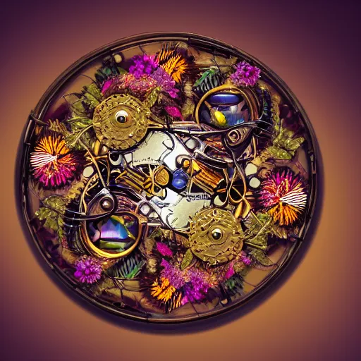 Image similar to a beautiful intricate fine art portrait photo of a mechanical industrial steampunk cybernetic yin yang symbol, overgrown with colorful flowers and leaves by zach sutton, golden ratio composition, studio lighting, 50mm lens, very detailed, bionic, cybernetic scifi, deep depth of field, artstation, 8K, highly coherent