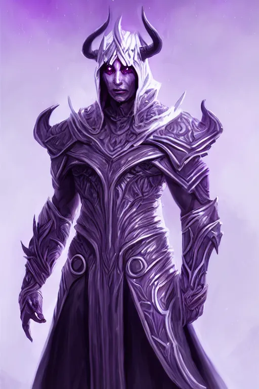 Prompt: human male demon, full body white purple cloak, purple armor, warlock, character concept art, costume design, black eyes, white horns, trending on artstation, Artgerm , WLOP