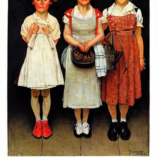 Prompt: Frontal portrait of three Emma Stones. A painting by Norman Rockwell.