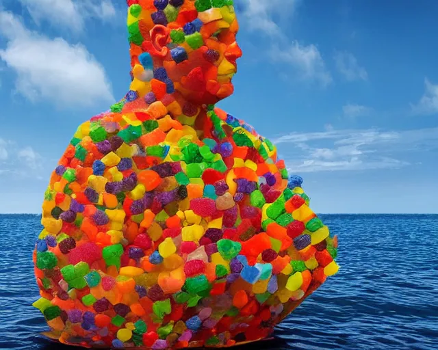 Image similar to a giant sculpture made out of thousands of tons of gummy bears in a human head shape, on the surface of the ocean, in the style of chad knight, long shot, hyper detailed, hyper realistic, ray tracing, 8 k resolution, sharp focus, realistic water, award winning sculpture