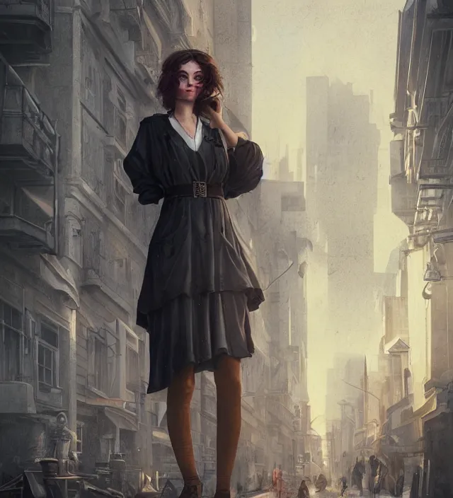 Prompt: portrait of a stylish female engineer standing on a city street by tom bagshaw!!! digital art realistic detailed trending on artstation 3 d render medium shot high - key lighting, in the style of steve mccurry gothic, fantasy style