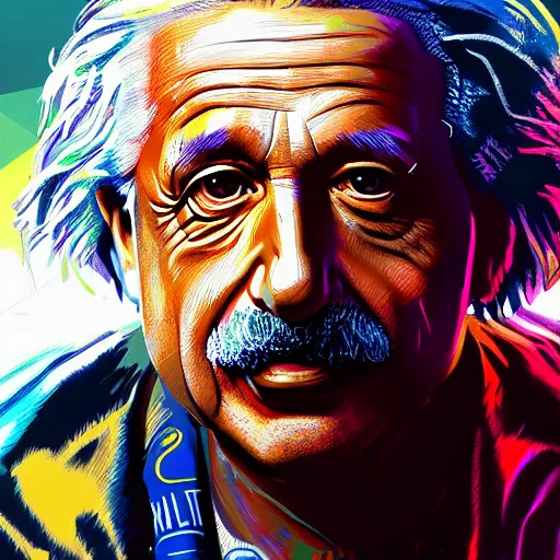 Prompt: beautiful hyper detailed illustration, high detailed portrait of albert einstein, cyberpunk2077, cyberpunk, neon, light, artstation, digital illustration