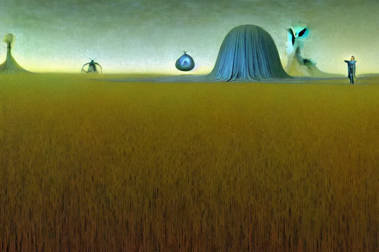 Image similar to realistic extremely detailed portrait painting of a ghost farmer, single house in a plain field and single ufo in the background, futuristic sci-fi forest by Jean Delville, Amano, Yves Tanguy, Alphonse Mucha, Ernst Haeckel, Edward Robert Hughes, Roger Dean, rich moody colours, 4k octane render, blue eyes