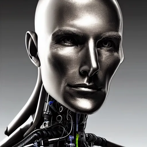 Image similar to a cyborg robot designed by tesla, hyper realistic, detailed portrait,