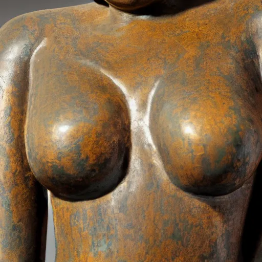 Image similar to detailed photo of an old bronze patina statue of a beautiful curvy woman portrait, intricate detail, museum diffuse lighting