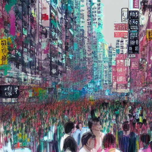 Prompt: a messy portrait of a busy hong kong street corner filled with pedestrians, in the style of carne griffiths