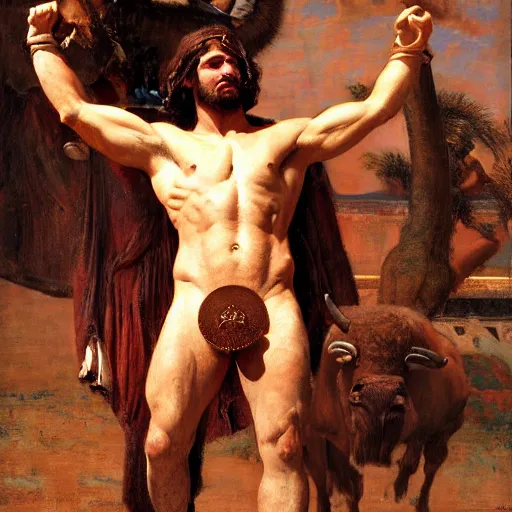 Image similar to Minotaur. Muscular warrior with the head of a Bison (buffalo). Orientalist portrait by john william waterhouse and Edwin Longsden Long and Theodore Ralli and Nasreddine Dinet, oil on canvas. Cinematic, hyper realism, dramatic lighting, high detail 4k