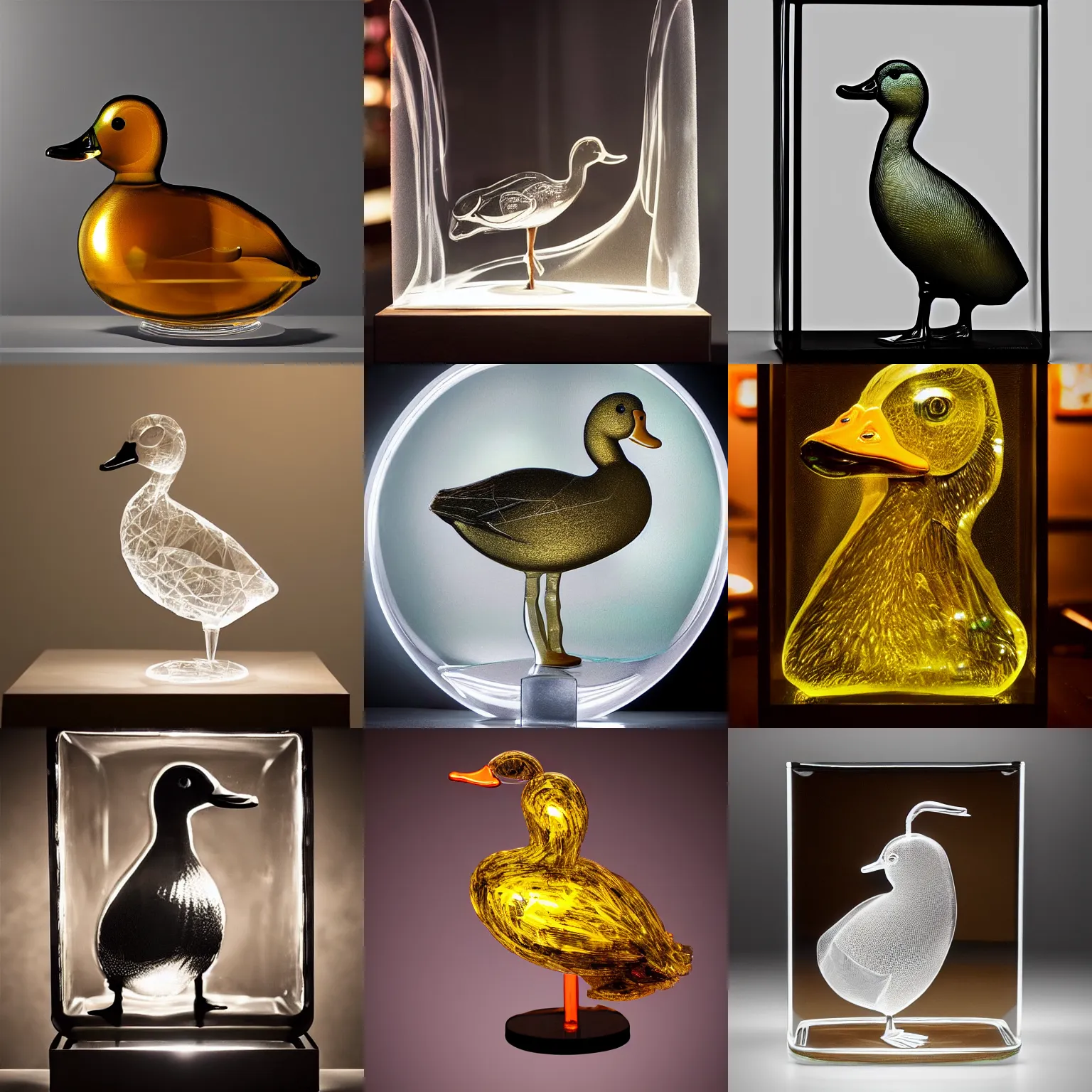 Prompt: portrait of a transparent sculpture of a duck made out of glass in a busy bar, fantasy, trending on artstation