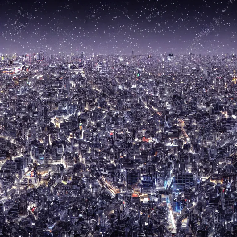 Prompt: beautiful and highly detailed 3 d render of tokyo with many lights and lens flares, snowy winter christmas night