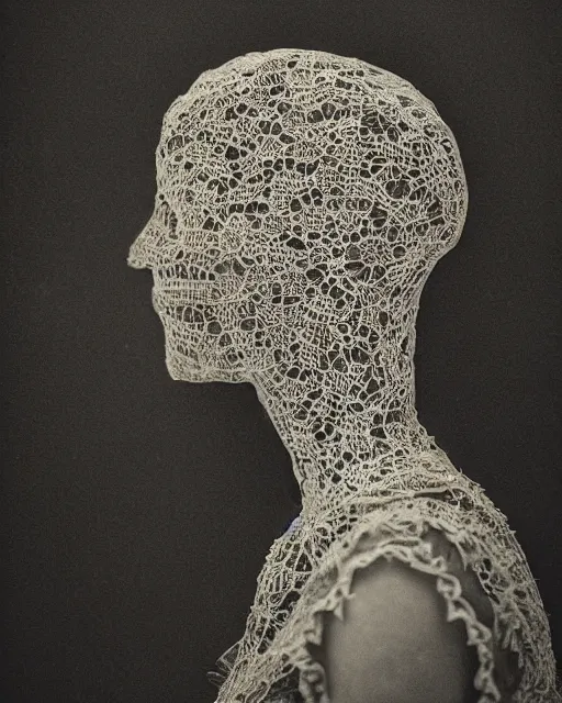 Image similar to a woman's face in profile, made of intricate lace leaf skeleton, in the style of the dutch masters and gregory crewdson, dark and moody