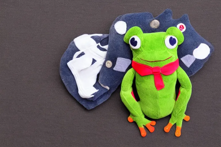 Prompt: frog plushie wearing a sailor suit