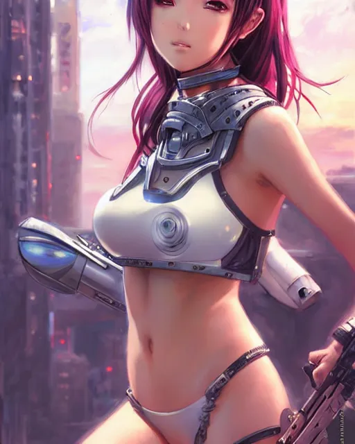Image similar to portrait Anime Girl in bikini armor cute-fine-face, pretty face, realistic shaded Perfect face, fine details. Anime. Warhammer, futuristic, cyberpunk realistic shaded lighting by katsuhiro otomo ghost-in-the-shell, magali villeneuve, artgerm, rutkowski Jeremy Lipkin and Giuseppe Dangelico Pino and Michael Garmash and Rob Rey