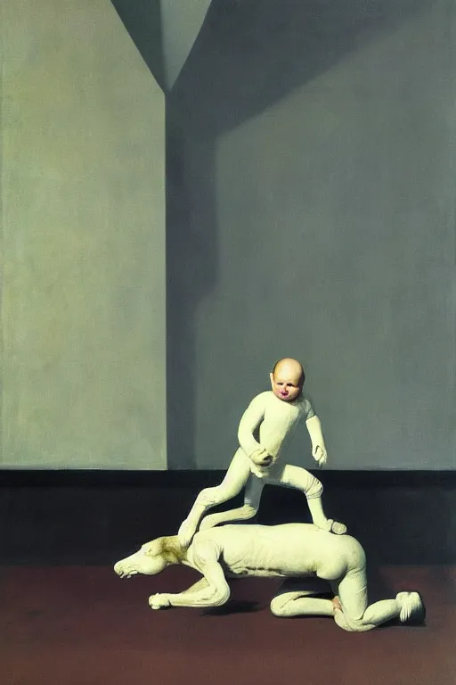 Image similar to astronaut on all fours on his back carries his son a foal, hauntingly surreal, highly detailed painting by francis bacon, edward hopper, adrian ghenie, gerhard richter, and james jean soft light 4 k,