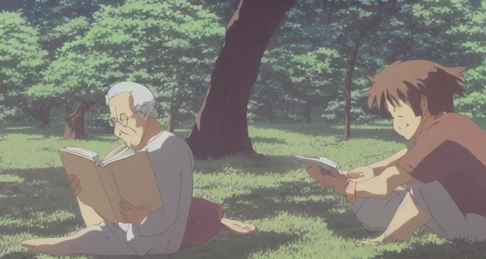 Image similar to screenshot from the anime film by studio ghibli, grandpa reading a book, serene, summer, from the anime film by makoto shinkai