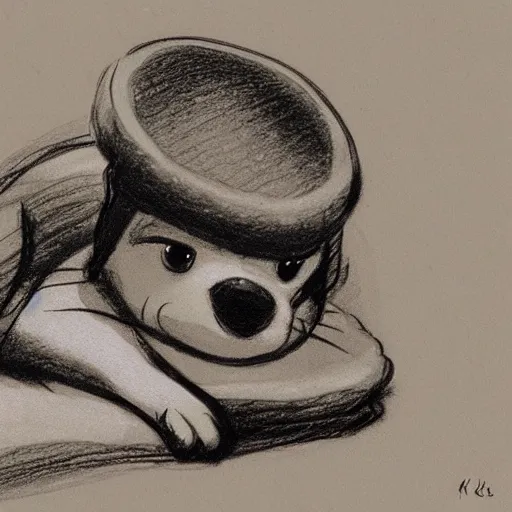 Prompt: milt kahl sketch of a puppy wearing a night cap in bed