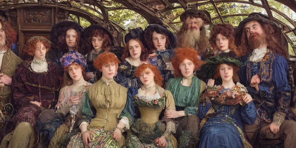 Prompt: detailed colour preraphaelite photograph group portrait of amazingly cool characterful people sat down extreme closeup, in the inside of the beautiful underwater train to atlantis, realistic and lifelike expressions, crowds of people sat down wearing unusual clothes, by william powell frith, 4 k