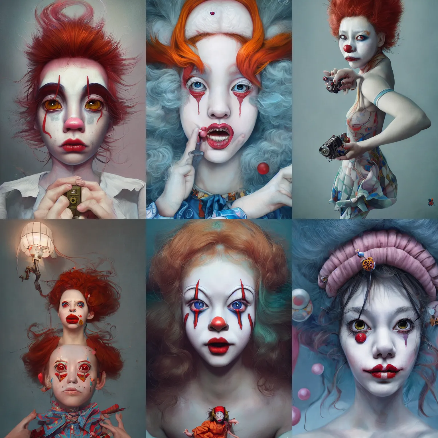 Image similar to breathtaking detailed painting of clown girl , with anxious, piercing eyes, Atari game cover art by Hsiao-Ron Cheng, James jean, Miho Hirano, Hayao Miyazaki, extremely moody lighting, hyperrealistic, octane render, RPG portrait, ambient light, dynamic lighting